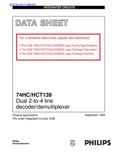 Philips Semiconductors 74HC/HCT139 Dual Decoder/Demultiplexer Datasheet - cover page