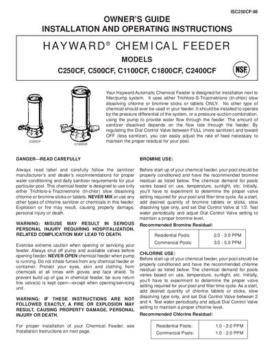 HAYWARD MODELS C250CF C500CF C1100CF C1800CF C2400CF owner's GUIDE - cover page