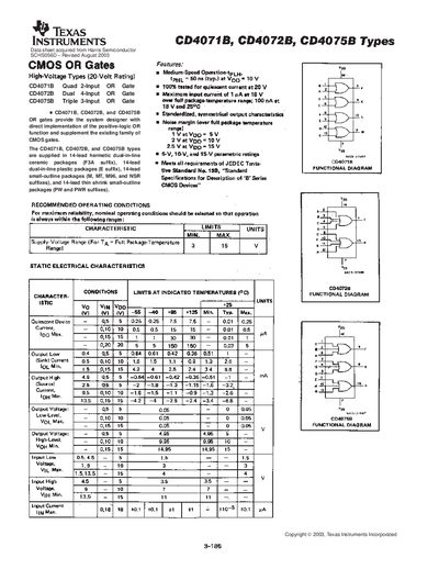 Texas Instruments CD4071B CD4072B CD4075B CMOS OR Gates Datasheet - cover page