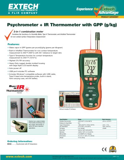 EXTECH HD550 Psychrometer + IR Thermometer Datasheet - cover page