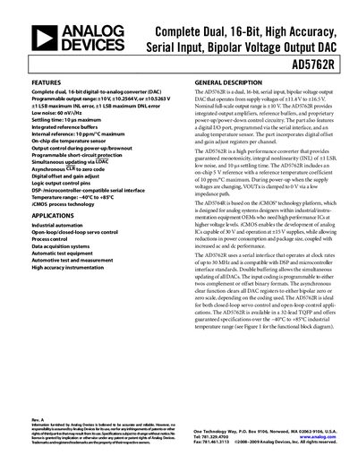 Analog Devices AD5762R Dual 16‑Bit DAC Datasheet