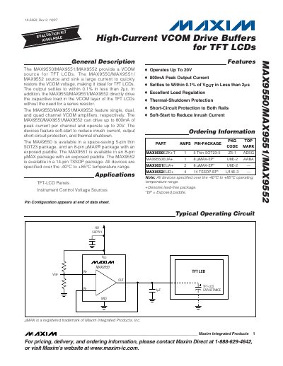 Maxim MAX9550/MAX9551/MAX9552 High-Current VCOM Drive Buffers Datasheet - cover page