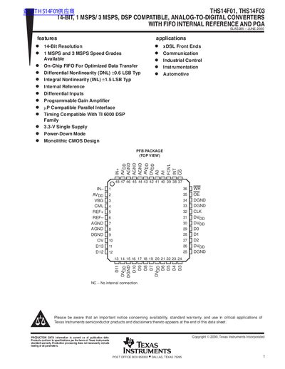 Texas Instruments THS14F01/THS14F03 14-Bit ADC Datasheet - cover page
