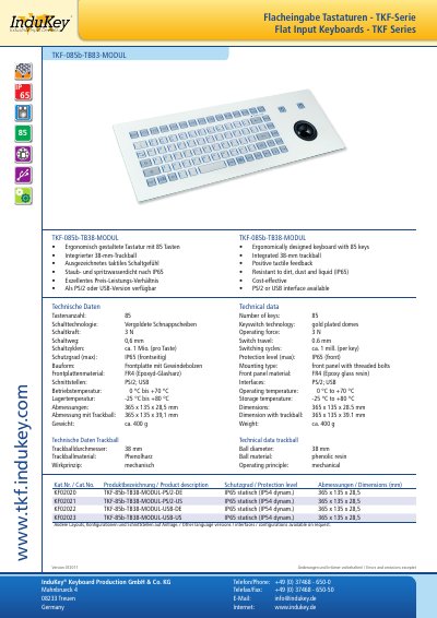 InduKey TKF-085b-TB38-MODUL Ergonomic Keyboard Datasheet - cover page