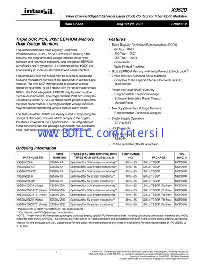Intersil X9520 Laser Diode Control Datasheet - cover page