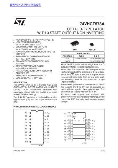 STMicroelectronics 74VHCT573A Octal D-Type Latch Data Sheet