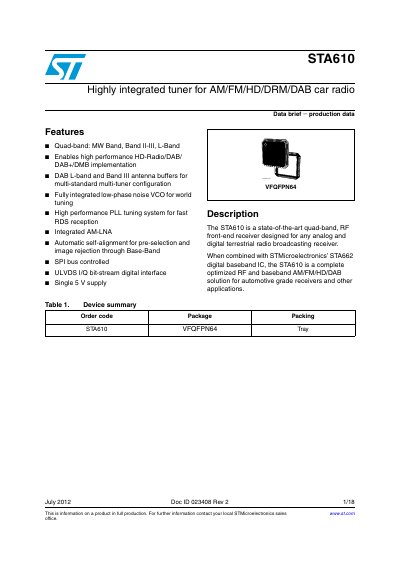 STMicroelectronics STA610 Quad-Band RF Front-End Receiver Datasheet - cover page