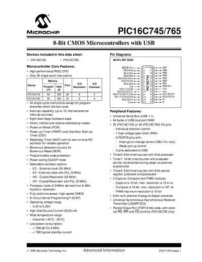 Microchip PIC16C745/PIC16C765 8-Bit CMOS Microcontroller Datasheet - cover page