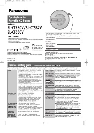 Panasonic SL-CT582V Portable CD Player Operating Instructions - cover page