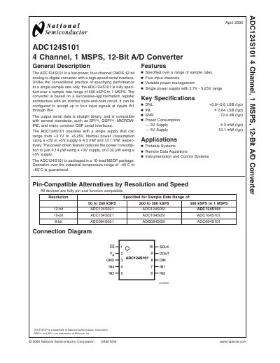 National Semiconductor ADC124S101 4‑Channel 12‑Bit A/D Converter Datasheet - cover page