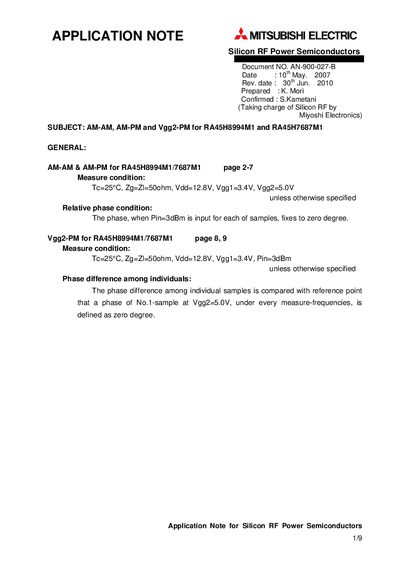Mitsubishi Electric RA45H8994M1 & RA45H7687M1 Application Note AN-900-027-B - cover page
