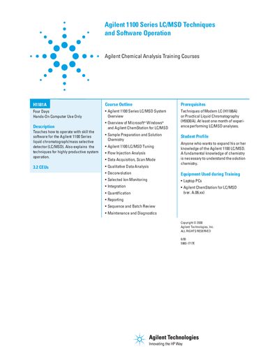 Agilent 1100 Series LC/MSD Techniques Software Operation (H1181A) handbook - cover page