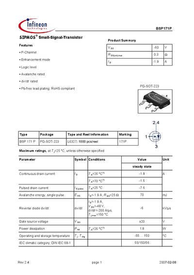 Infineon BSP171P P-Channel MOSFET Datasheet