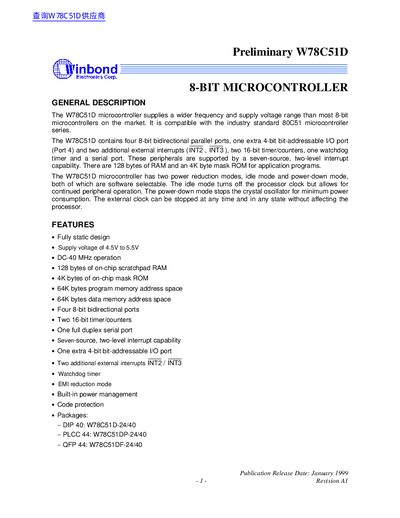Winbond W78C51D 8-bit Microcontroller User Manual - cover page