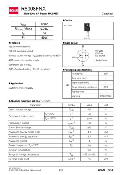 ROHM R6008FNX Power MOSFET Datasheet - cover page