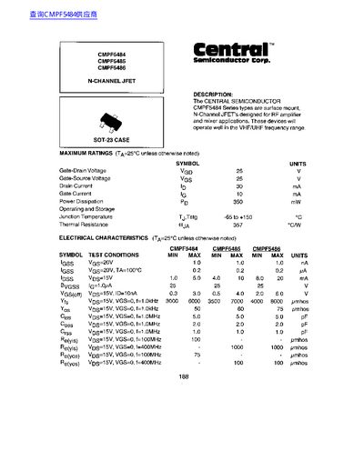 Central Semiconductor CMPF5484/CMPF5485/CMPF5486 N-Channel JFET Datasheet - cover page