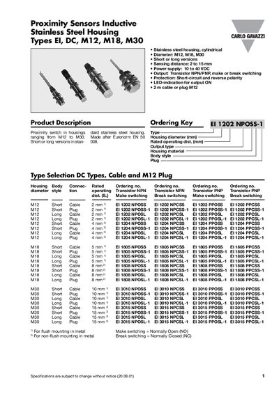 CARLO GAVAZZI Proximity Sensors Inductive Stainless Steel Housing Types EI DC M12 M18 M30  - cover page