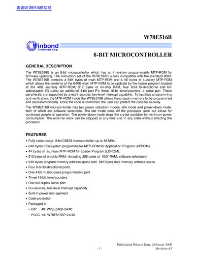 Winbond W78E516B 8-Bit Microcontroller User Manual - cover page