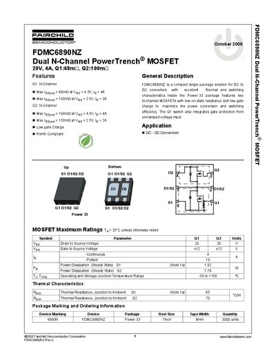 Fairchild Semiconductor FDMC6890NZ Dual N-Channel MOSFET Datasheet - cover page