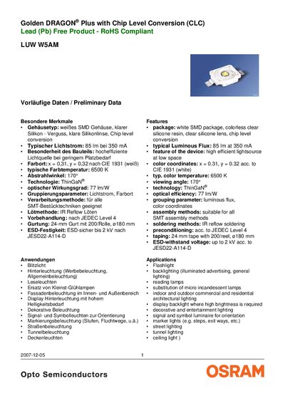 OSRAM LUW W5AM LED Datasheet - cover page