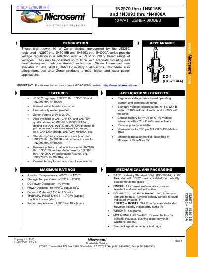 Microsemi 1N2970 thru 1N3015B 1N3993 thru 1N4000A handbook