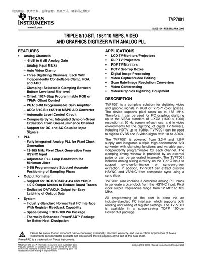 Texas Instruments TVP7001 Video Digitizer Data Sheet