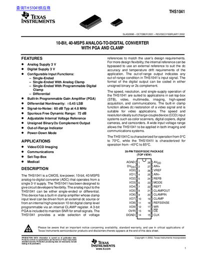 Texas Instruments THS1041 10-Bit ADC Datasheet - cover page