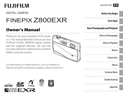 Fujifilm Z800EXR Digital Camera User Manual - cover page