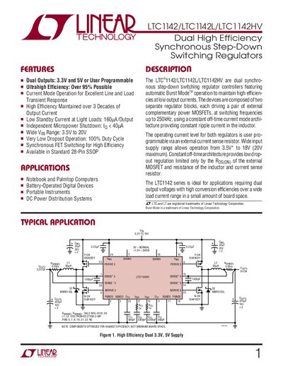 Linear Technology LTC1142/LTC1142L/LTC1142HV Dual High Efficiency Synchronous Step-Down Switching Regulators Handbook - cover page