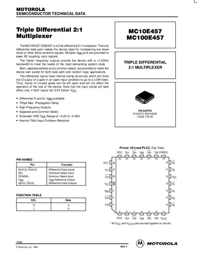 Motorola MC10E457/MC100E457 Triple Differential 2:1 Multiplexer Datasheet - cover page