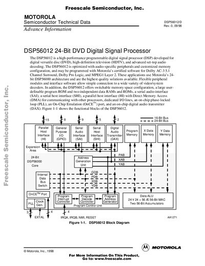 Motorola DSP56012 24-Bit DVD Digital Signal Processor Datasheet - cover page
