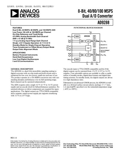 ANALOG DEVICES AD9288 8-Bit 40/80/100 MSPS Dual A/D Converter handbook(1) - cover page