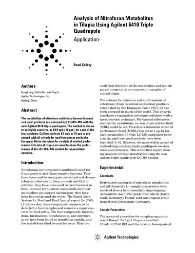 Agilent 6410 Triple Quadrupole Analysis of Nitrofuran Metabolites Application Note - cover page