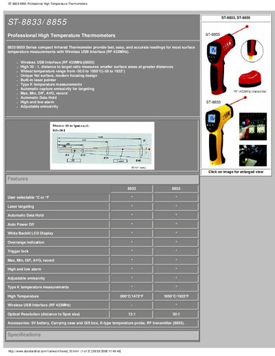 Standard Instruments ST-8833 / ST-8855 Professional High Temperature Thermometer User Manual - cover page