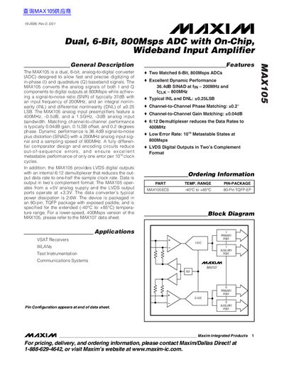 Maxim MAX105 Dual 6-Bit 800Msps ADC Datasheet - cover page