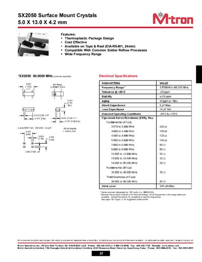 Mtron SX2050 Surface Mount Crystals 5.0 X 13.0 X 4.2 mm - cover page