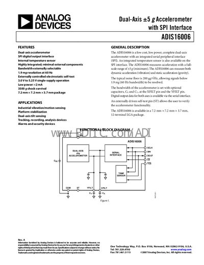 Analog Devices ADIS16006 Accelerometer Datasheet - cover page