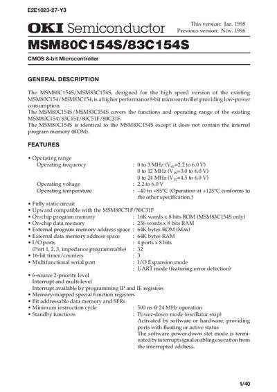 OKI Semiconductor MSM80C154S/83C154S CMOS 8-bit Microcontroller Datasheet - cover page