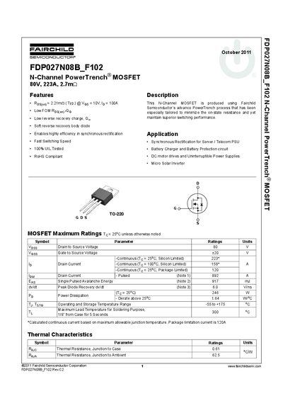 Fairchild FDP027N08B_F102 N-Channel MOSFET Datasheet - cover page