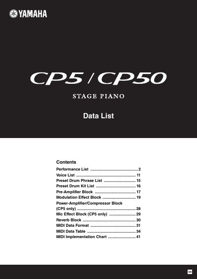 Yamaha CP5/CP50 Stage Piano Data List - cover page