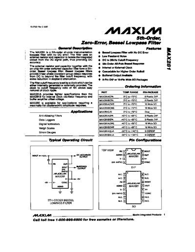 Maxim MAX281 5th-Order Zero-Error Bessel Lowpass Filter Datasheet - cover page