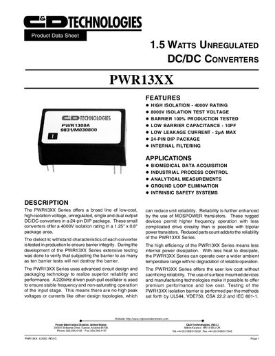 C&D Technologies PWR13XX Series DC/DC Converter Datasheet - cover page