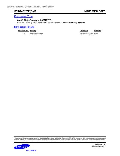 Samsung K5T6432YT(B)M Multi-Chip Package Memory Datasheet - cover page