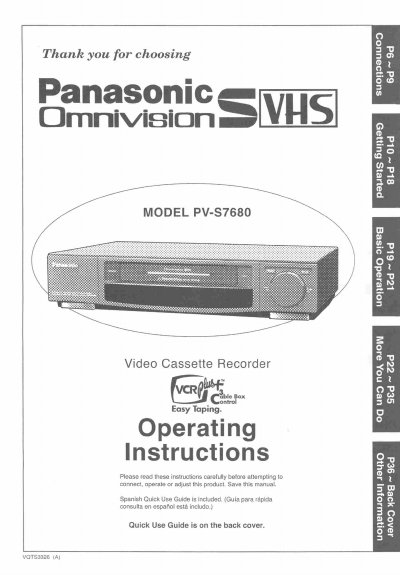 Panasonic PV-S7680 VHS Video Cassette Recorder Operating Instructions - cover page