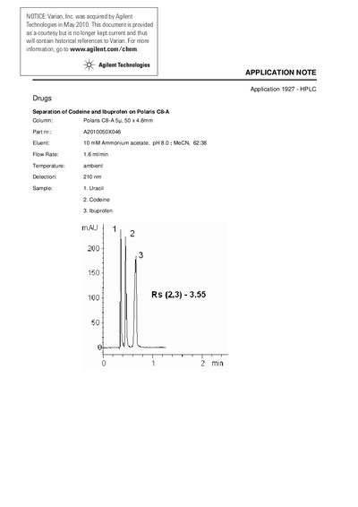 Agilent Application Note: Separation of Codeine and Ibuprofen on Polaris C8-A - cover page
