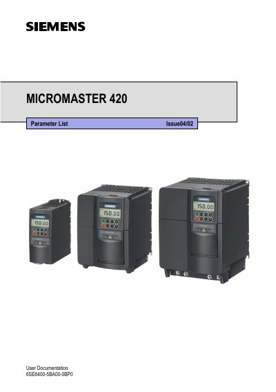 Siemens Micromaster 420 Parameter List - cover page