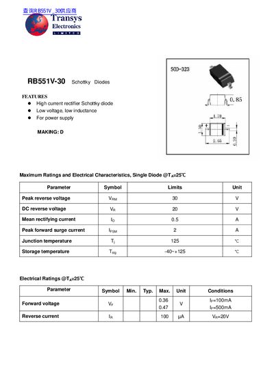 Transys RB551V-30 Schottky Diodes Datasheet - cover page