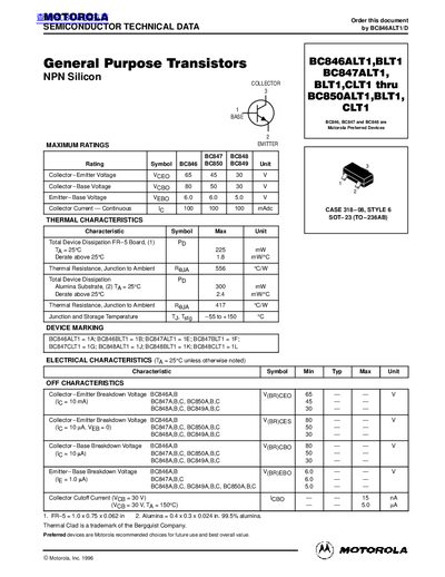 MOTOROLA BC846ALT1 Data Sheet  - cover page