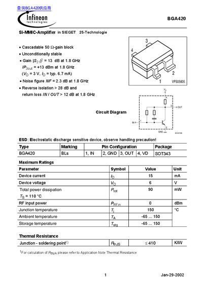 Infineon BGA420 Si-MMIC Amplifier Datasheet - cover page