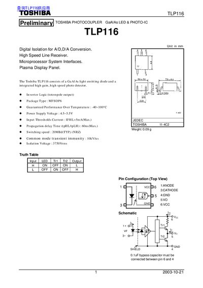Toshiba TLP116 Photocoupler Datasheet - cover page